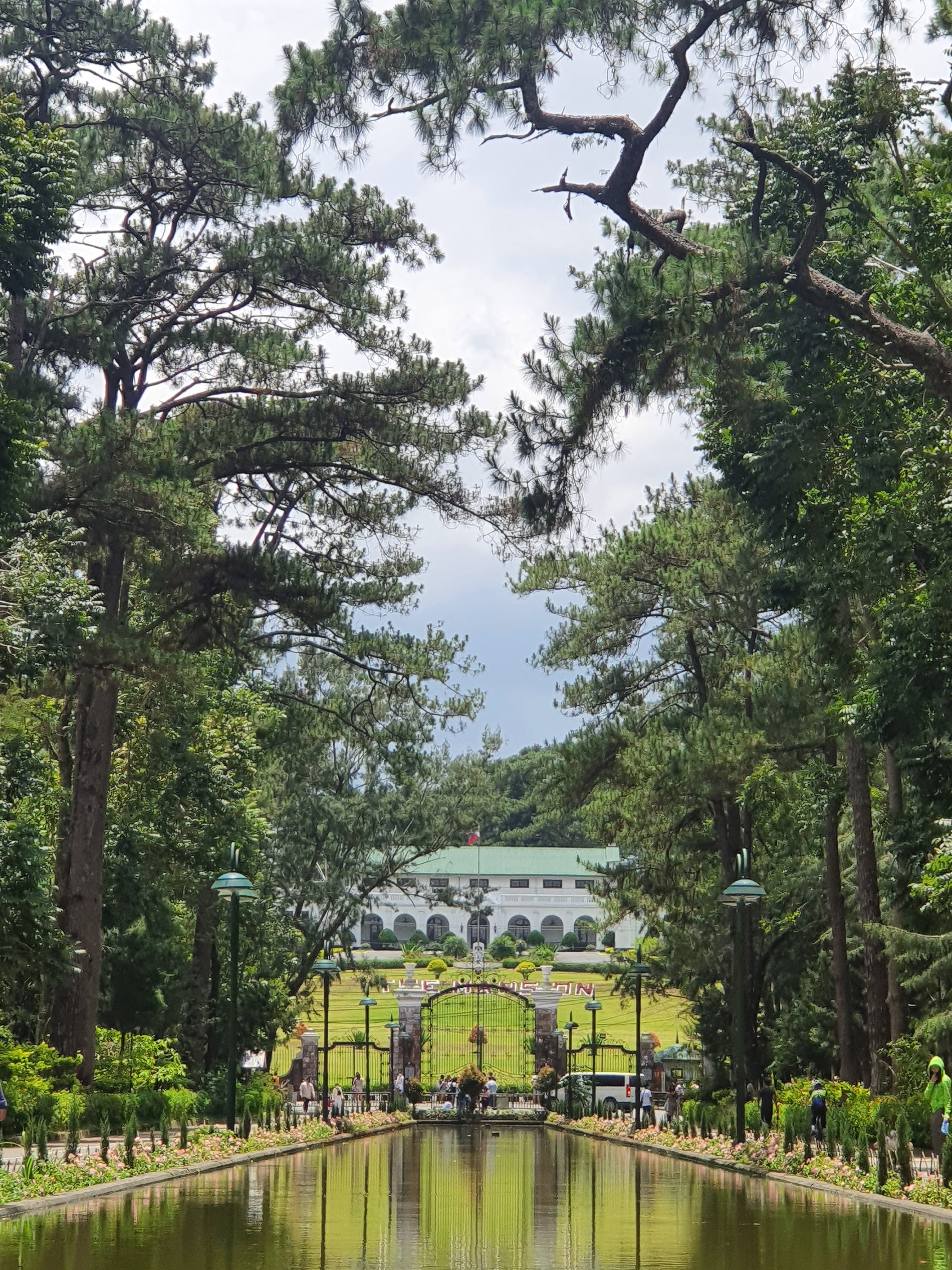 Ang lugar ng piknik kasama ang mga pamilyang nagpapahinga sa ilalim ng bubong ng pino
