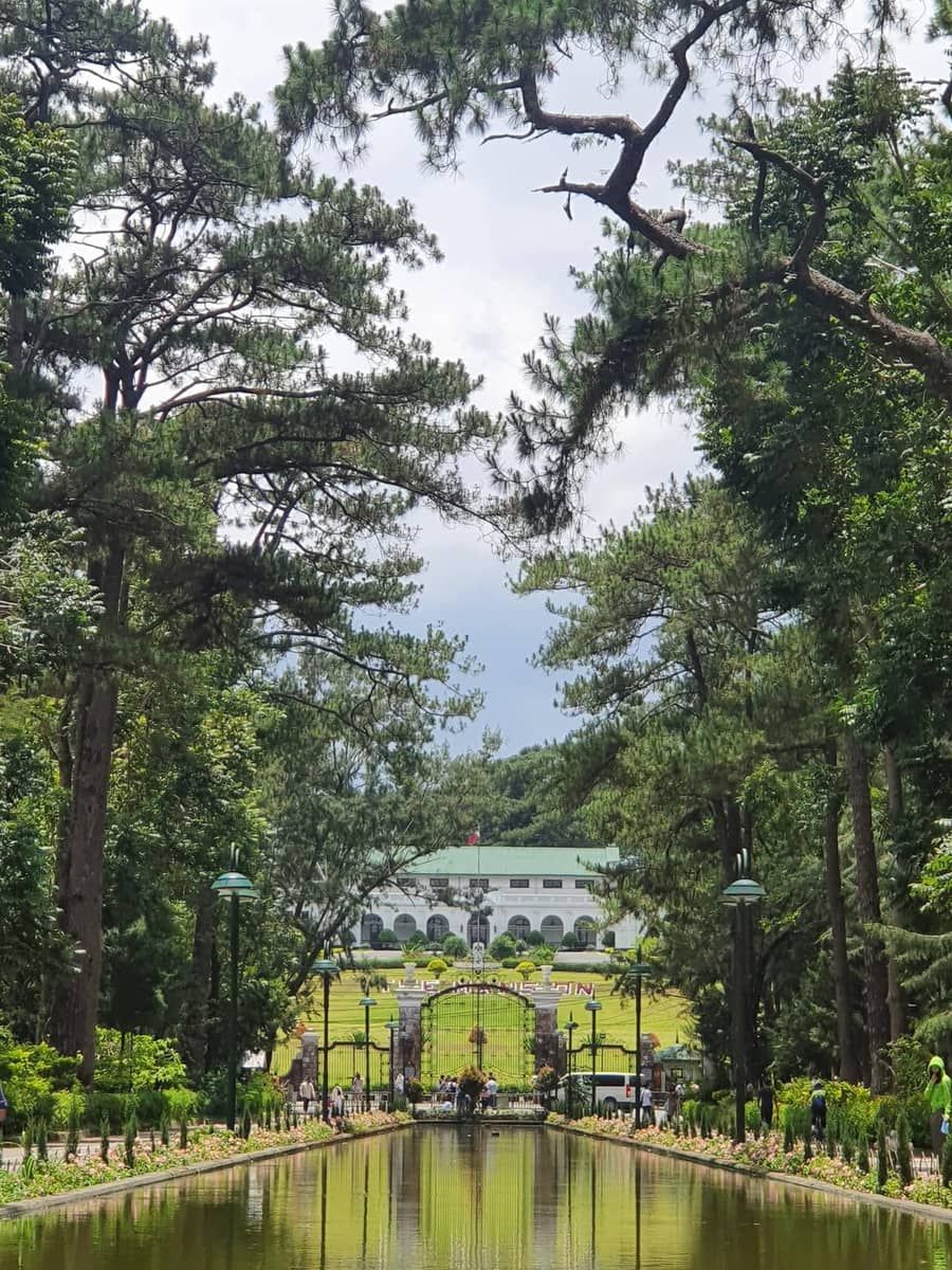 Ang lugar ng piknik kasama ang mga pamilyang nagpapahinga sa ilalim ng bubong ng pino